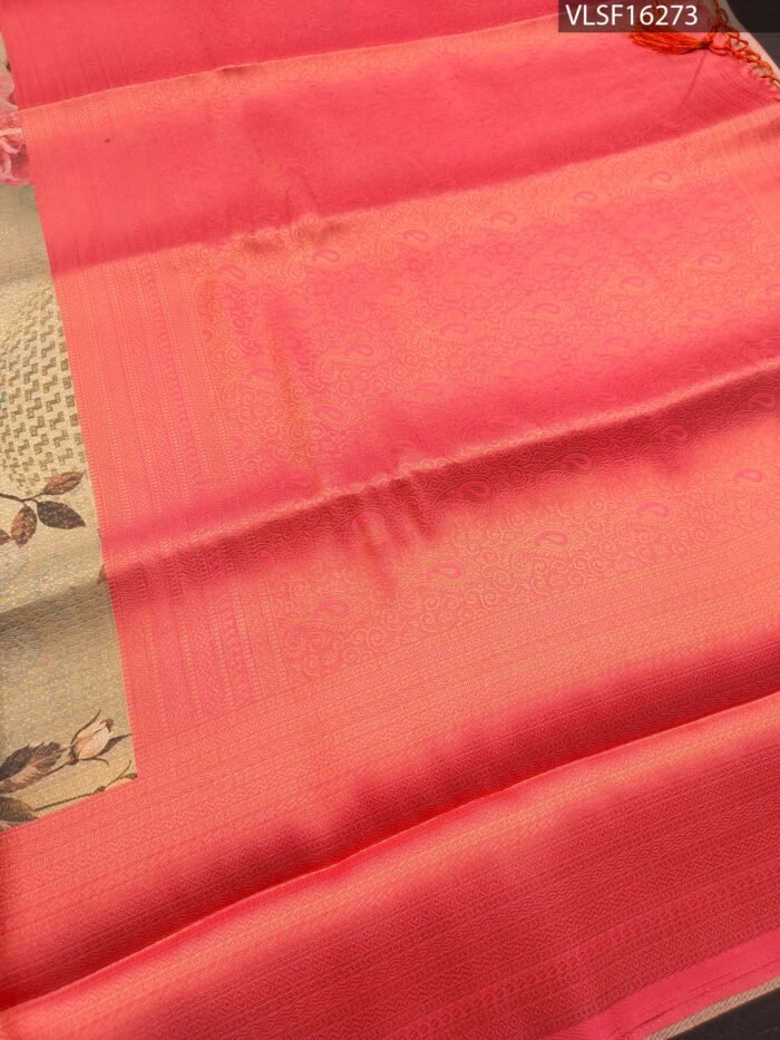 Peach Coloured Fancy Silk Saree with Floral Motifs and Elegant Border - Image 2