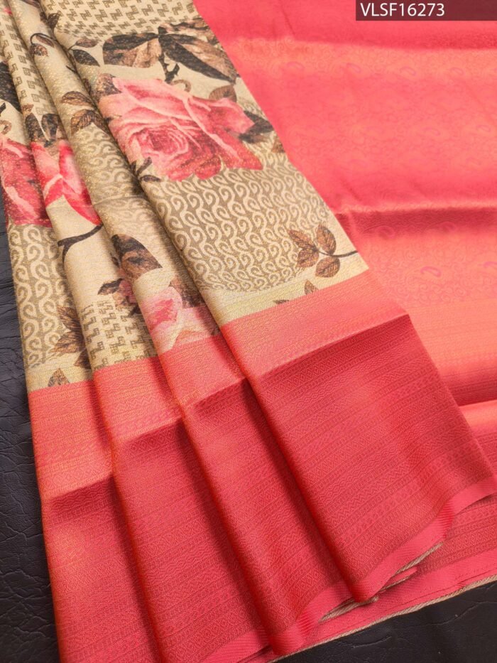 Peach Coloured Fancy Silk Saree with Floral Motifs and Elegant Border - Image 1