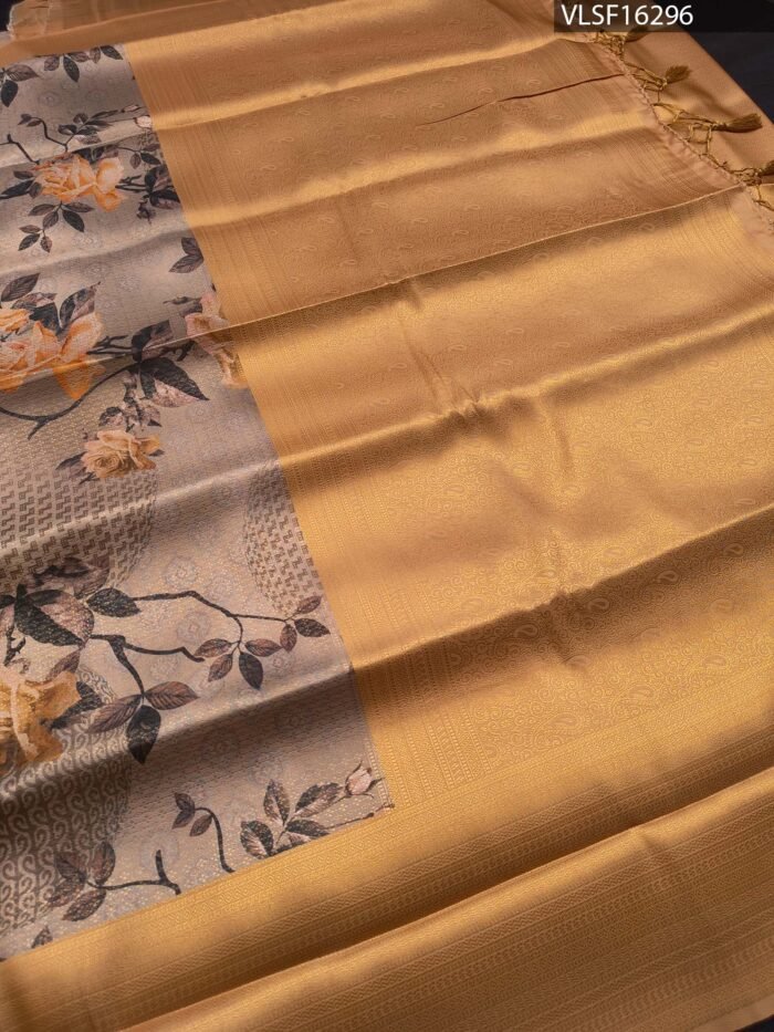 Golden Coloured Fancy Silk Saree with Floral Motifs and Elegant Border - Image 3