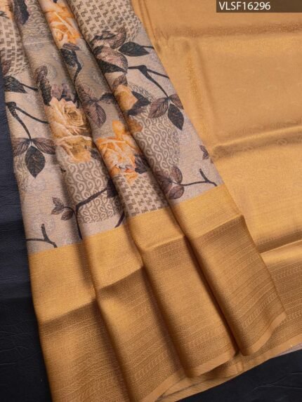 Golden Coloured Fancy Silk Saree with Floral Motifs and Elegant Border
