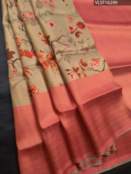 Beige Coloured Fancy Silk Saree with Floral Motifs and Elegant Pallu