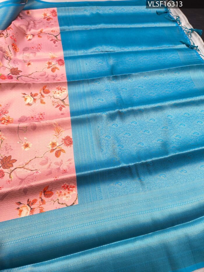 Pink and Blue Fancy Silk Saree with Floral Motifs and Elegant Zari Woven Border - Image 3