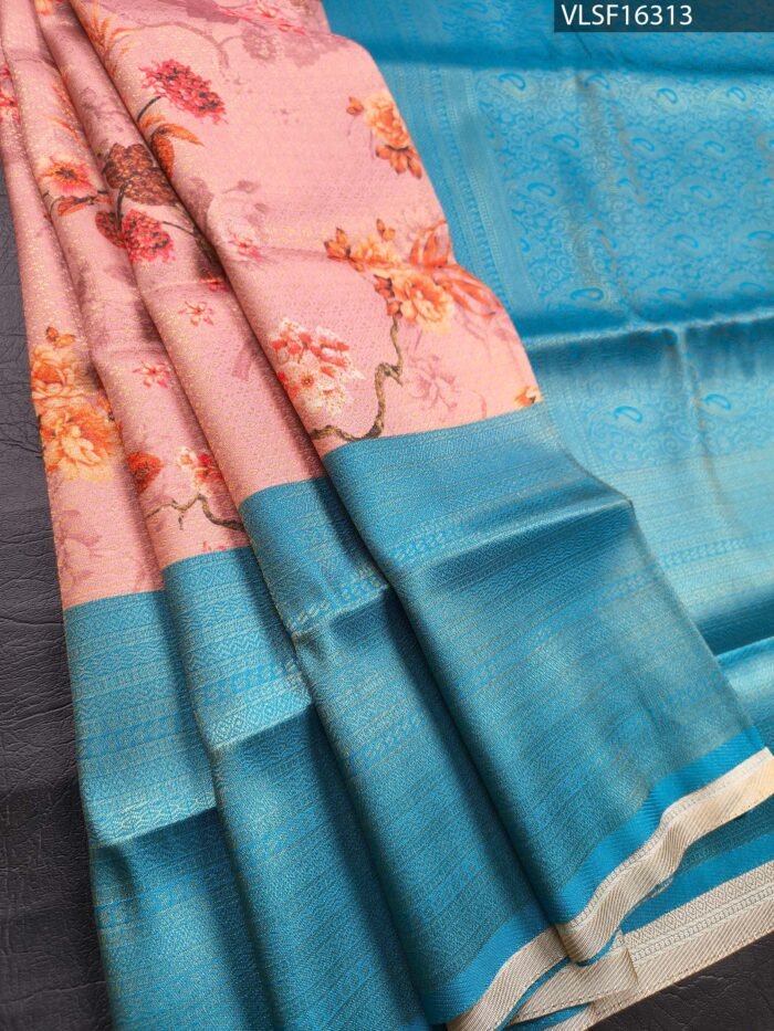Pink and Blue Fancy Silk Saree with Floral Motifs and Elegant Zari Woven Border - Image 1