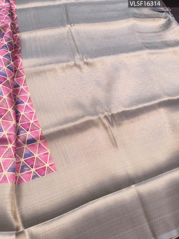 Beige and Pink Fancy Silk Saree with Geometric Patterns and Rich Pallu - Image 3