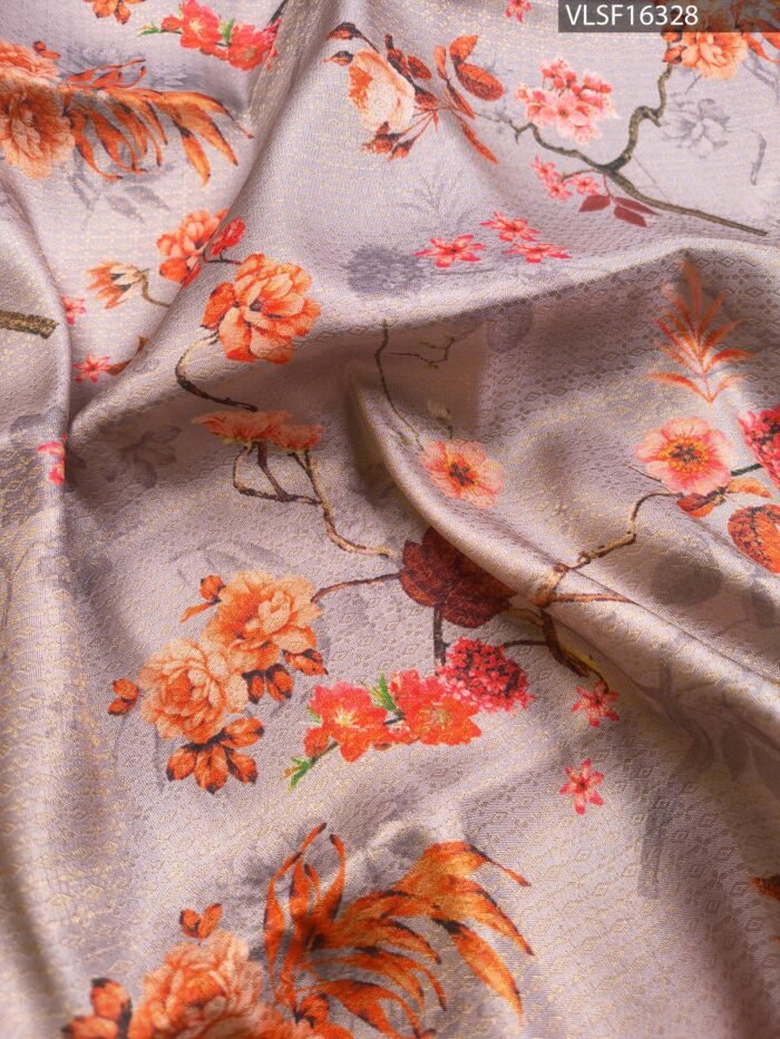 Grey and Orange Fancy Silk Saree with Floral Motifs and Elegant Border - Image 2