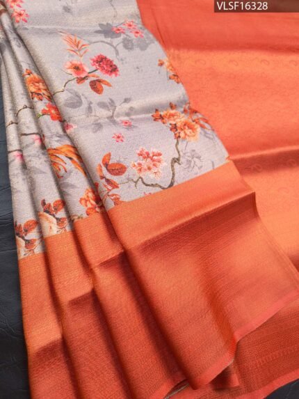Grey and Orange Fancy Silk Saree with Floral Motifs and Elegant Border