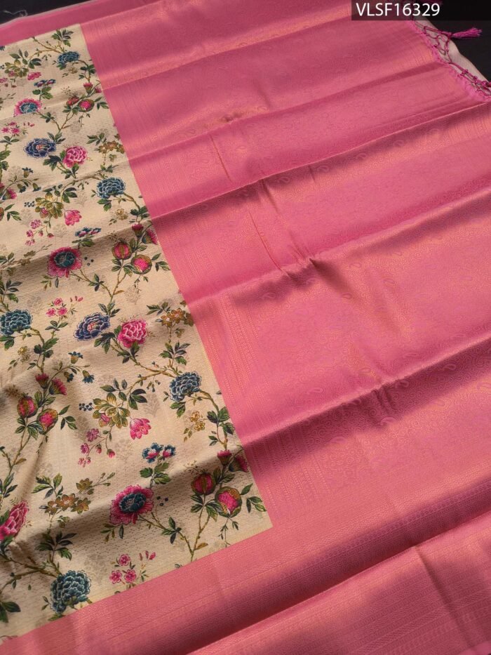 Beige Coloured Fancy Silk Saree with Floral Motifs and Pink Zari Woven Border - Image 3