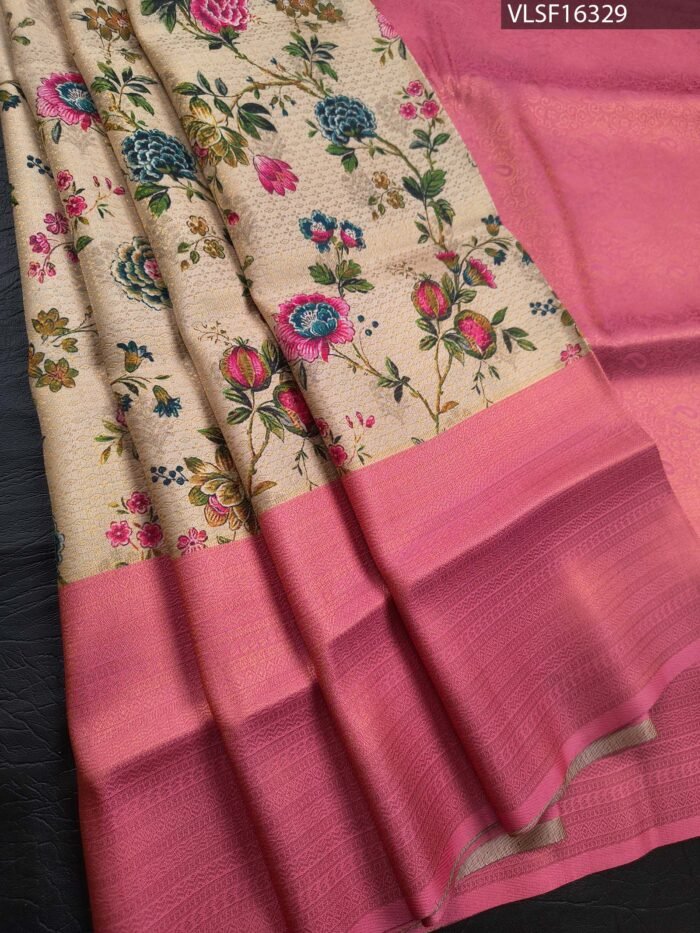 Beige Coloured Fancy Silk Saree with Floral Motifs and Pink Zari Woven Border - Image 1