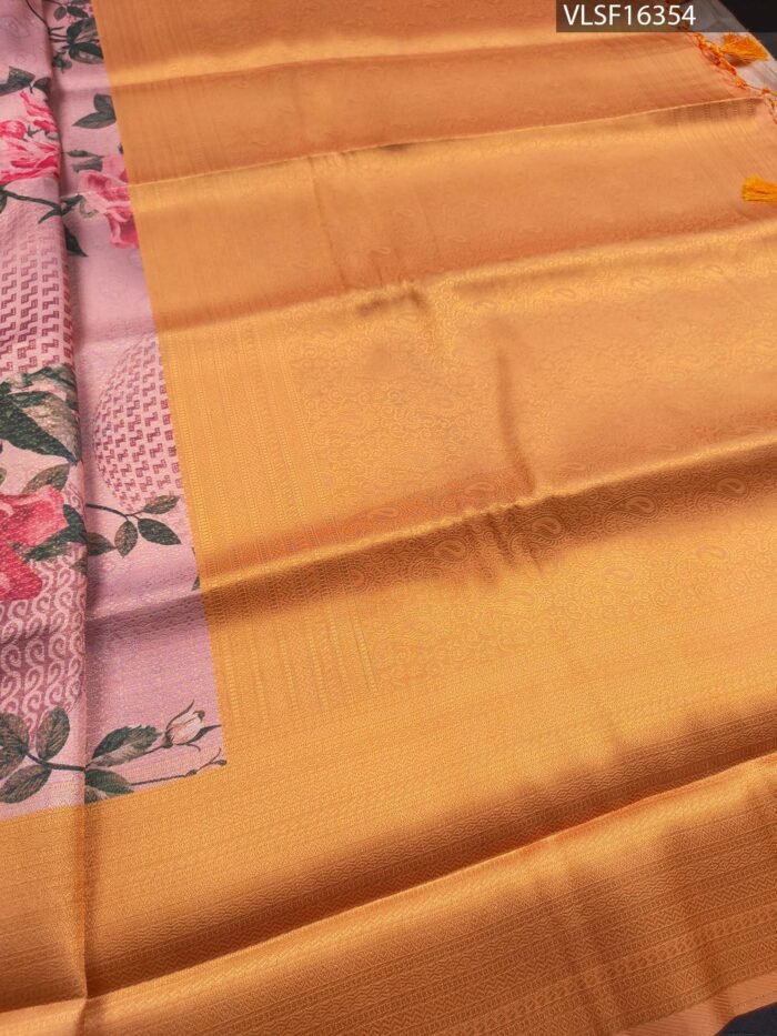 Peach Coloured Fancy Silk Saree with Floral Motifs and Lustrous Gold Border - Image 3