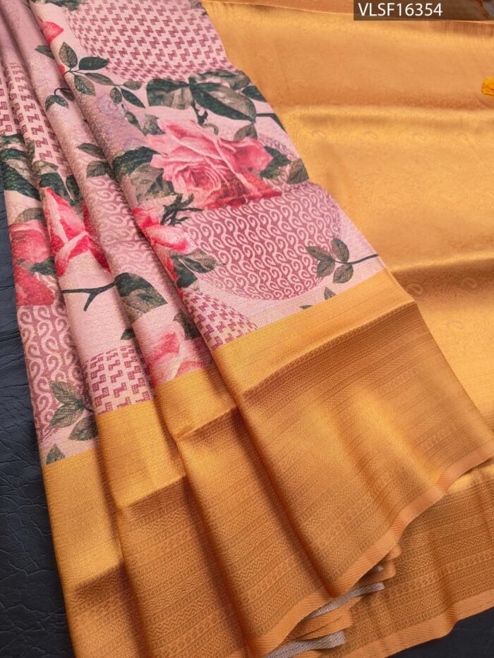 Peach Coloured Fancy Silk Saree with Floral Motifs and Lustrous Gold Border - Image 1