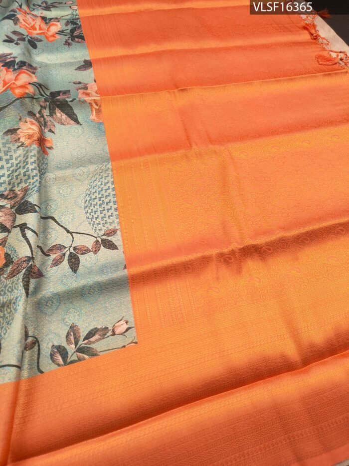 Orange Coloured Fancy Silk Saree with Floral Motifs and Simple Border - Image 3
