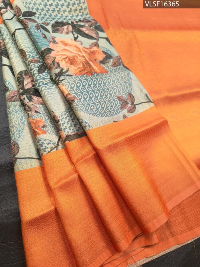 Orange Coloured Fancy Silk Saree with Floral Motifs and Simple Border - Image 1