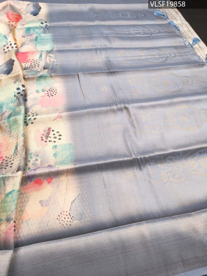 Pastel Coloured Fancy Silk Saree with Artistic Motifs and Elegant Zari Border - Image 3