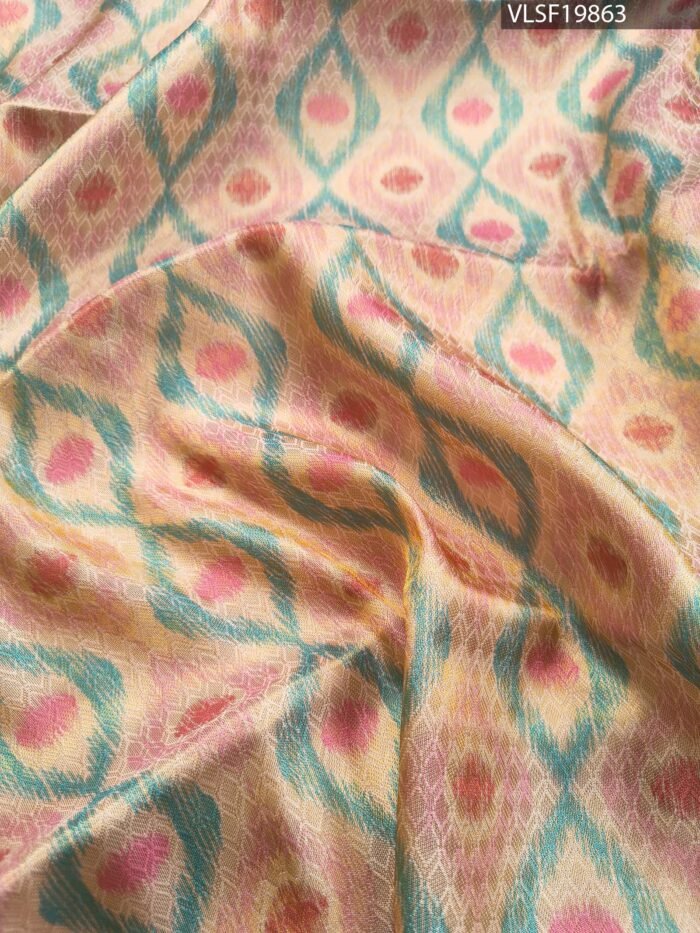 Aqua and Peach Coloured Fancy Silk Saree with Ikat Motifs and Intricate Border - Image 2