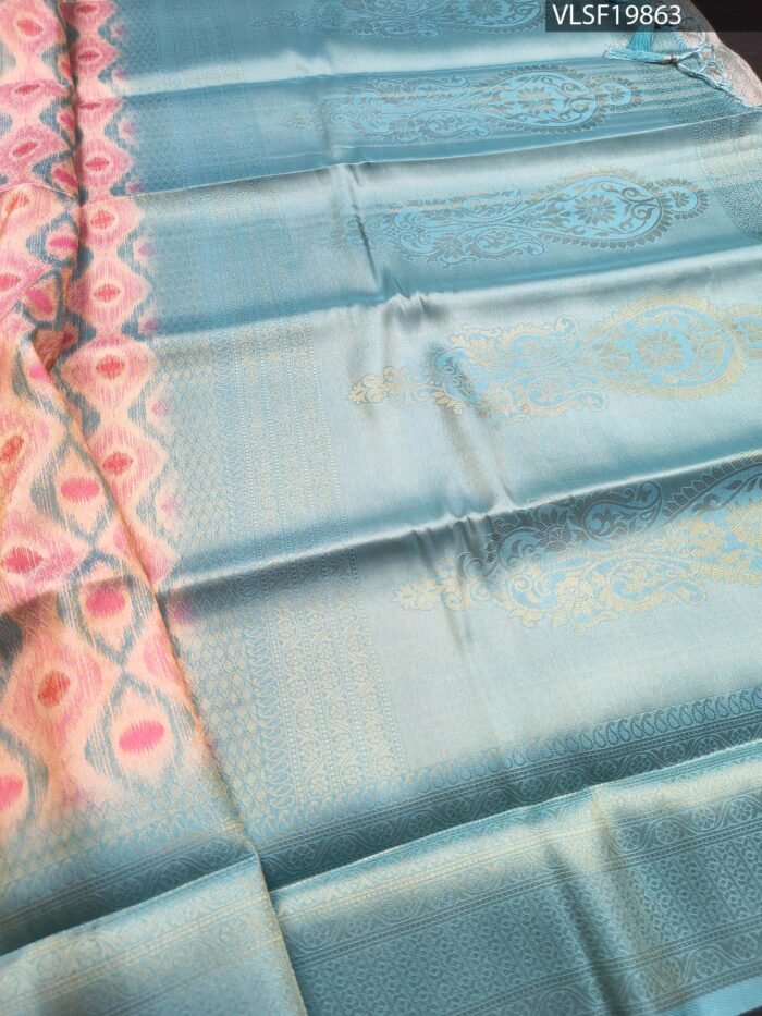 Aqua and Peach Coloured Fancy Silk Saree with Ikat Motifs and Intricate Border - Image 3