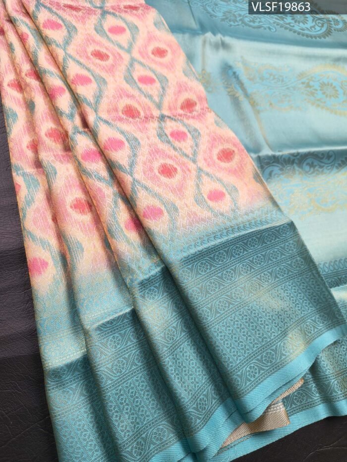 Aqua and Peach Coloured Fancy Silk Saree with Ikat Motifs and Intricate Border - Image 1