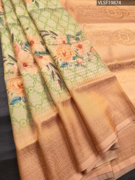 Peach Coloured Fancy Silk Saree with Floral Motifs and Rich Pallu