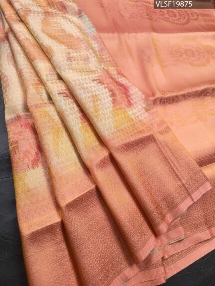 Peach Coloured Fancy Silk Saree with Abstract Motifs and Intricate Border