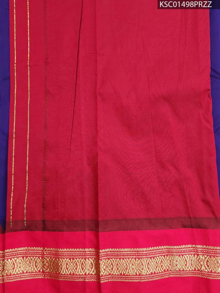 Royal Blue and Red Blended Soft Silk Saree with Gold Butti Motifs and Zari Woven Border - Image 2