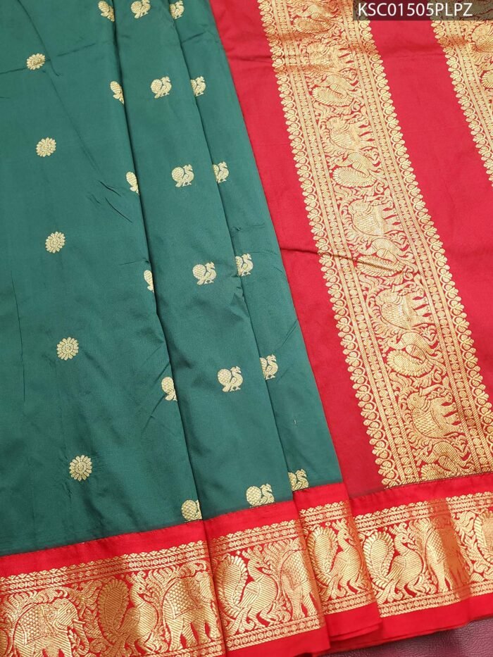Dark Green Blended Soft Silk Saree with Intricate Motifs and Rich Zari Pallu - Image 1