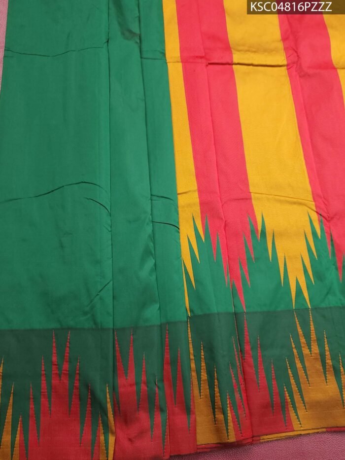 Green and Red Blended Soft Silk Saree with Vibrant Pallu and Temple Design Border - Image 1