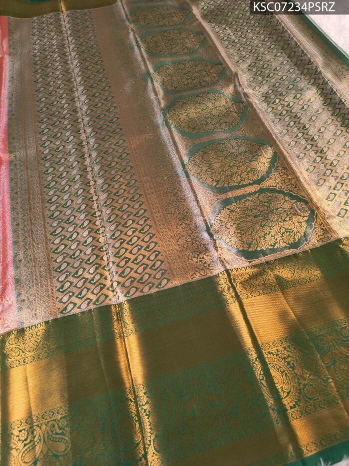 Peach Coloured Tissue Saree with Intricate Brocade and Zari Woven Border - Image 3