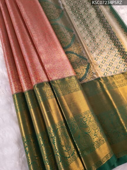 Peach Coloured Tissue Saree with Intricate Brocade and Zari Woven Border