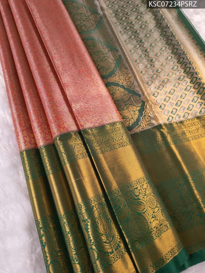 Peach Coloured Tissue Saree with Intricate Brocade and Zari Woven Border - Image 1