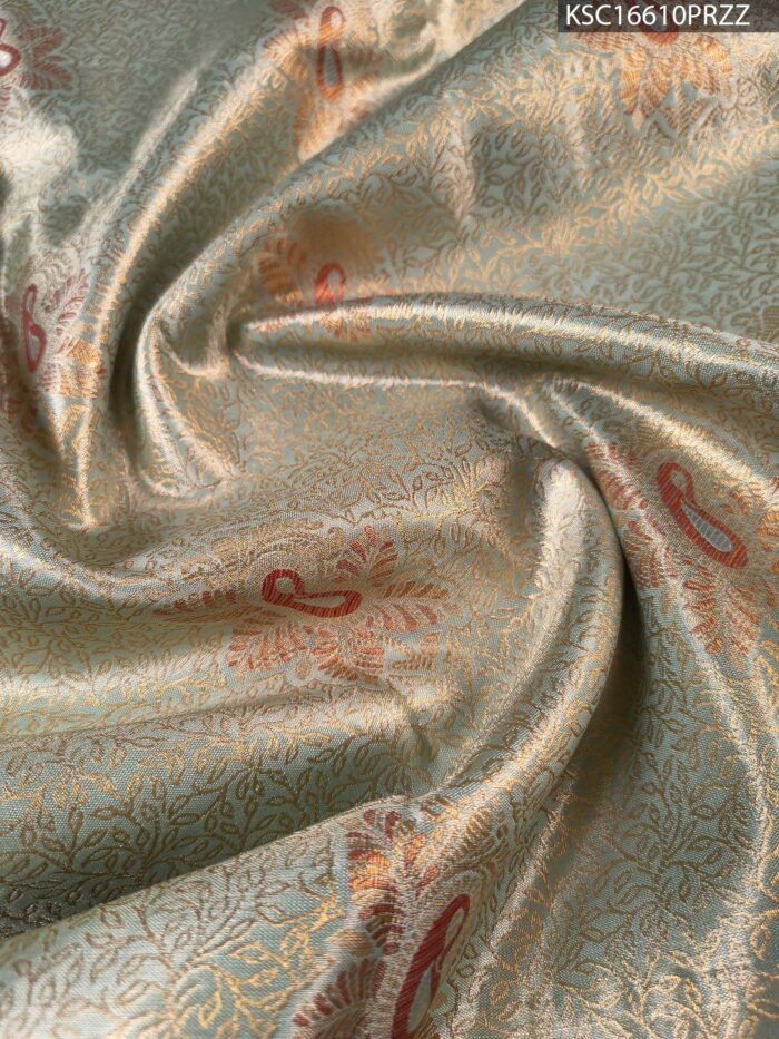 Sage Green and Copper Tissue Saree with Paisley Motifs and Rich Zari Border - Image 2