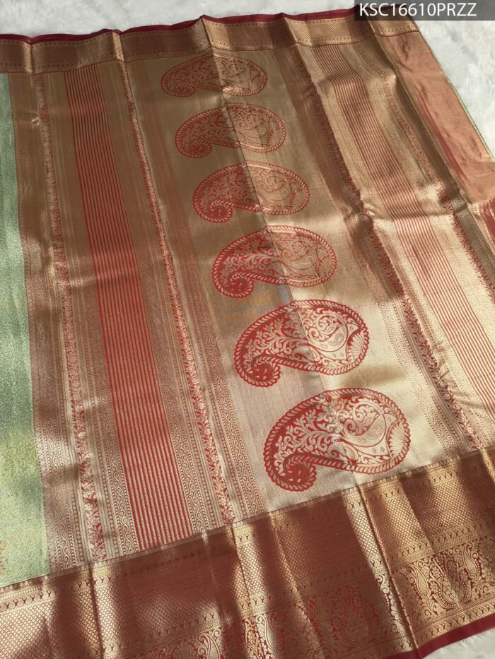 Sage Green and Copper Tissue Saree with Paisley Motifs and Rich Zari Border - Image 3