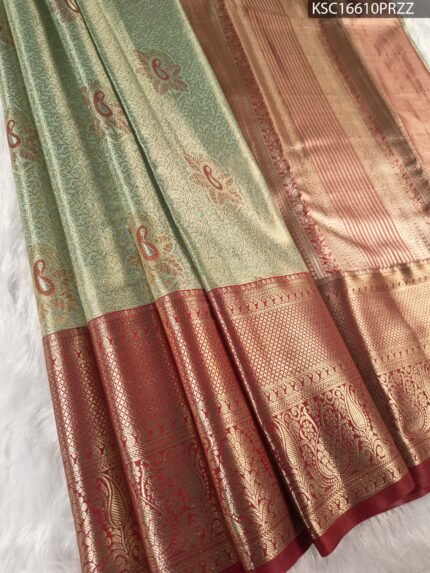 Sage Green and Copper Tissue Saree with Paisley Motifs and Rich Zari Border
