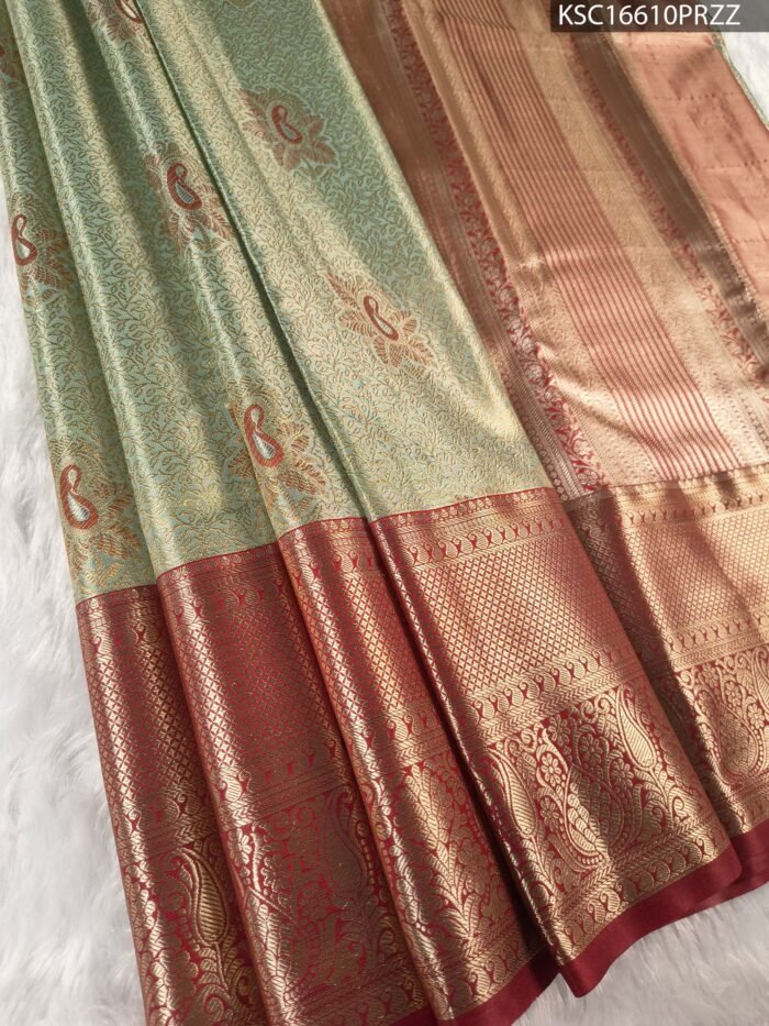 Sage Green and Copper Tissue Saree with Paisley Motifs and Rich Zari Border - Image 1