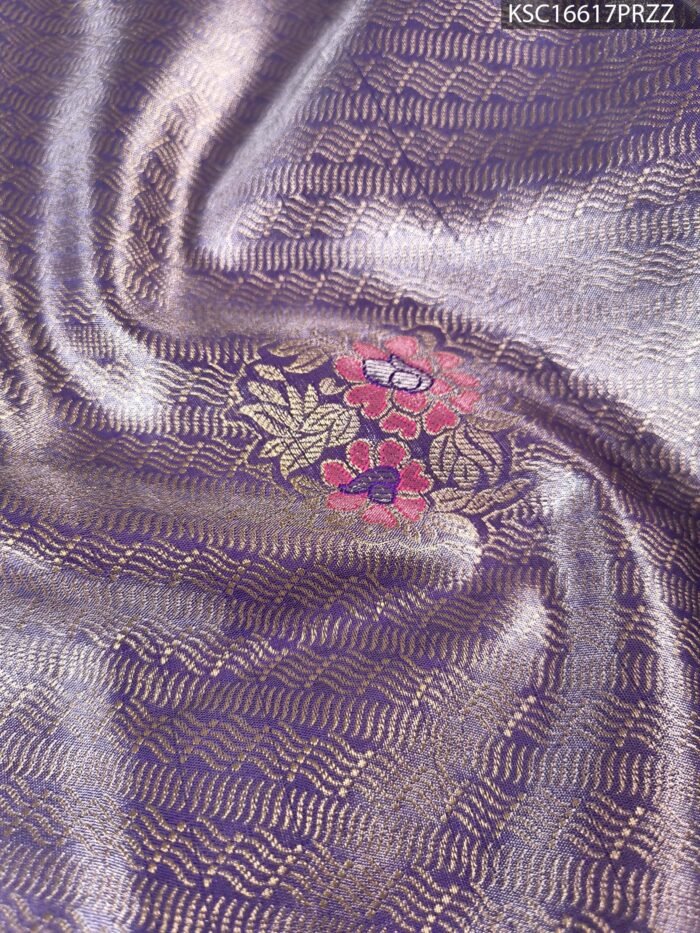 Lavender Coloured Tissue Saree with Floral Motifs and Rich Zari Woven Border - Image 2