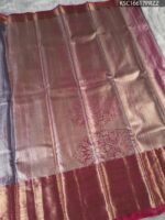 Lavender Coloured Tissue Saree with Floral Motifs and Rich Zari Woven Border - Image 3