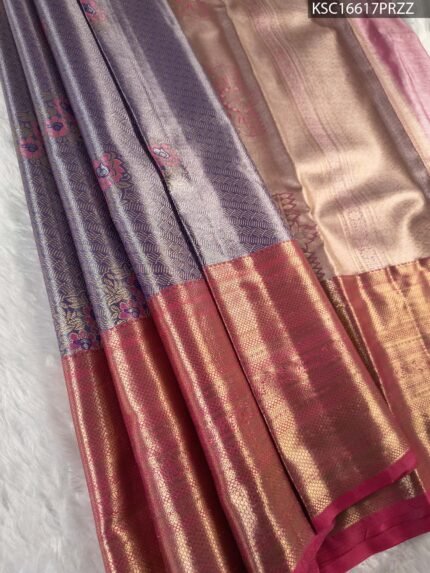 Lavender Coloured Tissue Saree with Floral Motifs and Rich Zari Woven Border