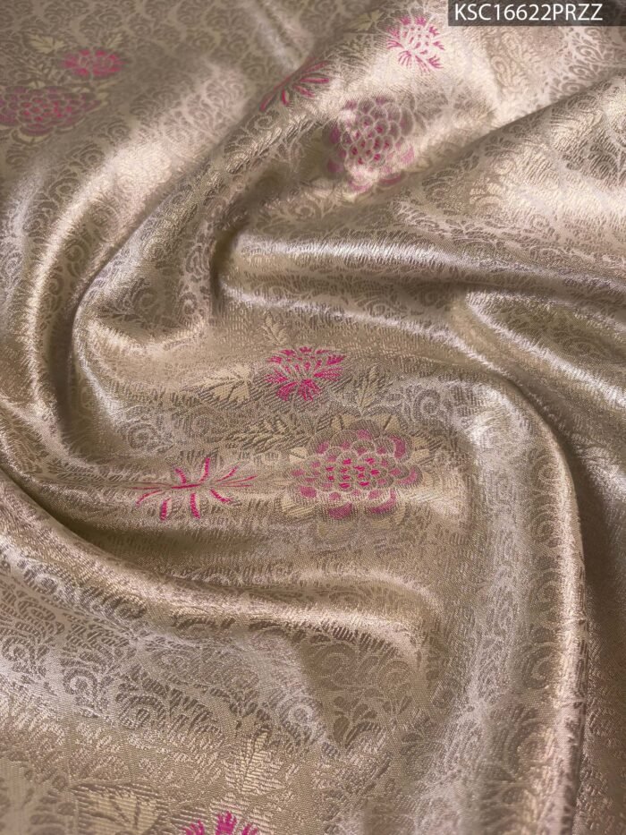 Beige Coloured Tissue Silk Saree with Floral Motifs and Rich Zari Brocade Border - Image 2