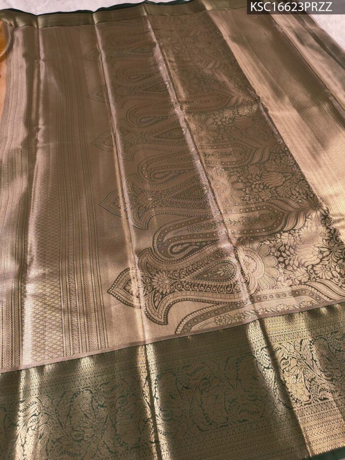Gold Coloured Tissue Silk Saree with Peacock Motifs and Rich Zari Border - Image 3