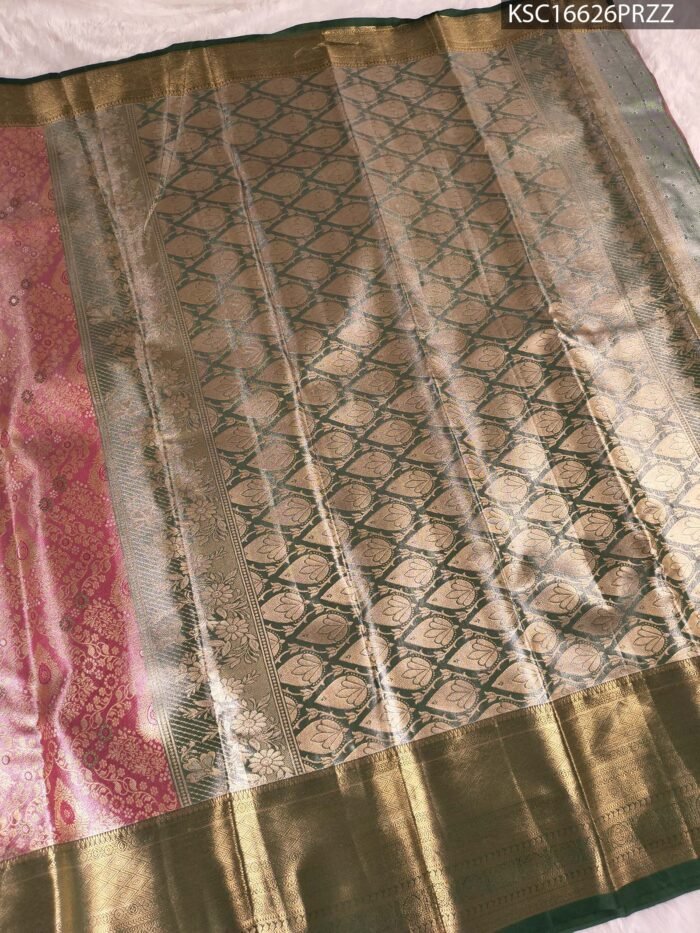 Pink and Gold Tissue Saree with Rich Brocade Pallu and Intricate Zari Border - Image 3