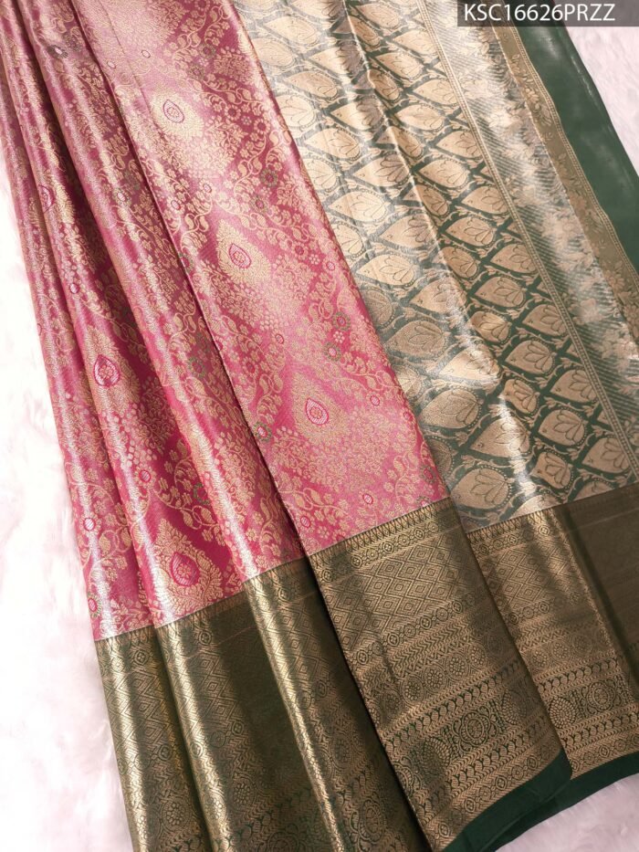 Pink and Gold Tissue Saree with Rich Brocade Pallu and Intricate Zari Border - Image 1