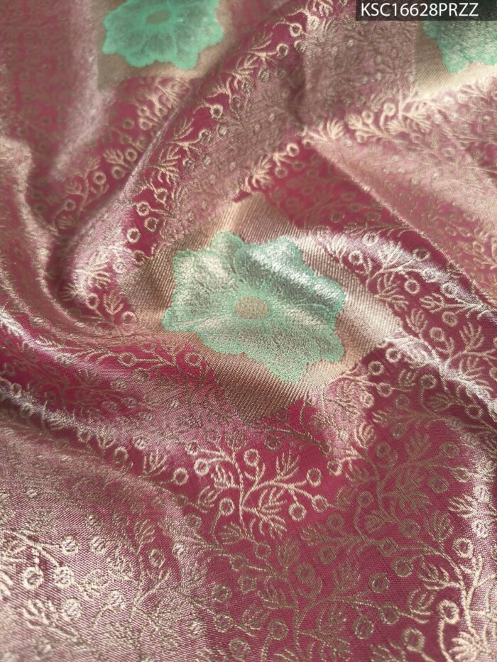 Elegant Beige and Pink Tissue Saree with Floral Motifs and Rich Zari Border - Image 2