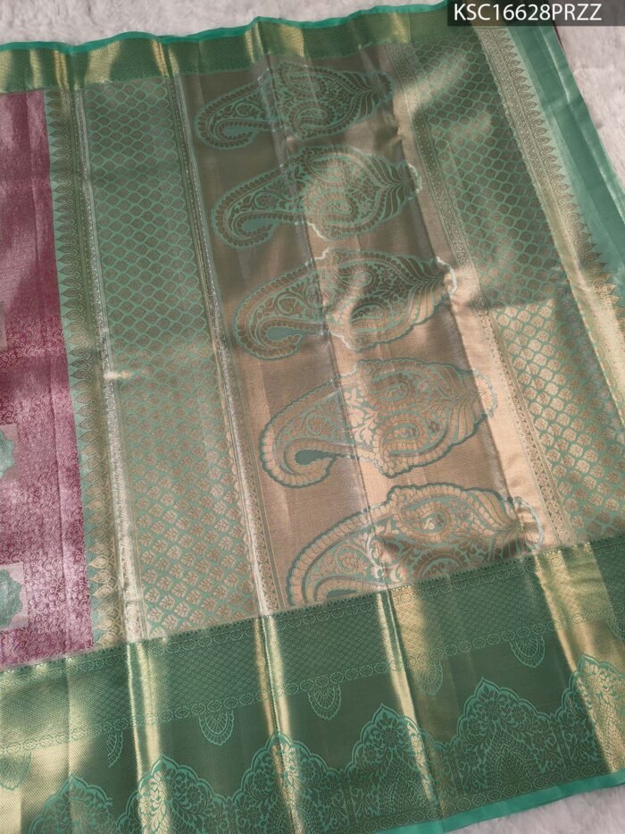 Elegant Beige and Pink Tissue Saree with Floral Motifs and Rich Zari Border - Image 3