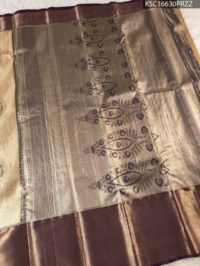 Beige and Purple Tissue Saree with Rich Pallu and Zari Border - Image 3