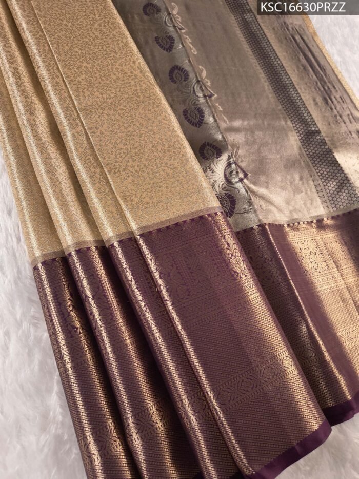 Beige and Purple Tissue Saree with Rich Pallu and Zari Border - Image 1