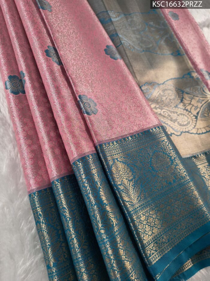 Pink Coloured Tissue Silk Saree with Floral Motifs and Rich Zari Woven Border - Image 1