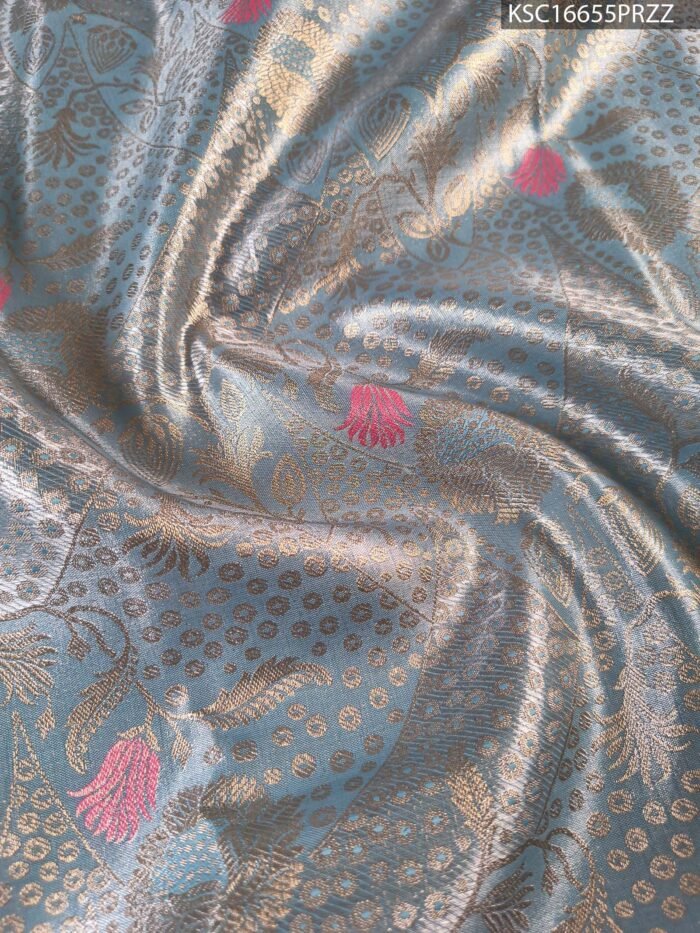 Sky Blue and Pink Tissue Silk Saree with Floral Zari Motifs and Rich Border - Image 2