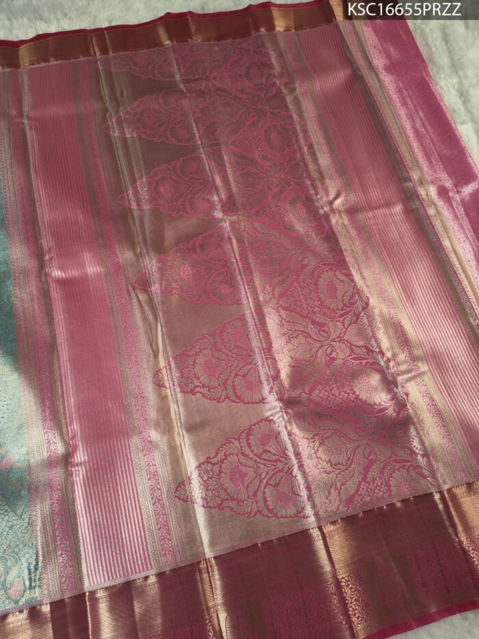 Sky Blue and Pink Tissue Silk Saree with Floral Zari Motifs and Rich Border - Image 3