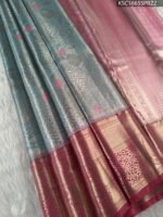 Sky Blue and Pink Tissue Silk Saree with Floral Zari Motifs and Rich Border