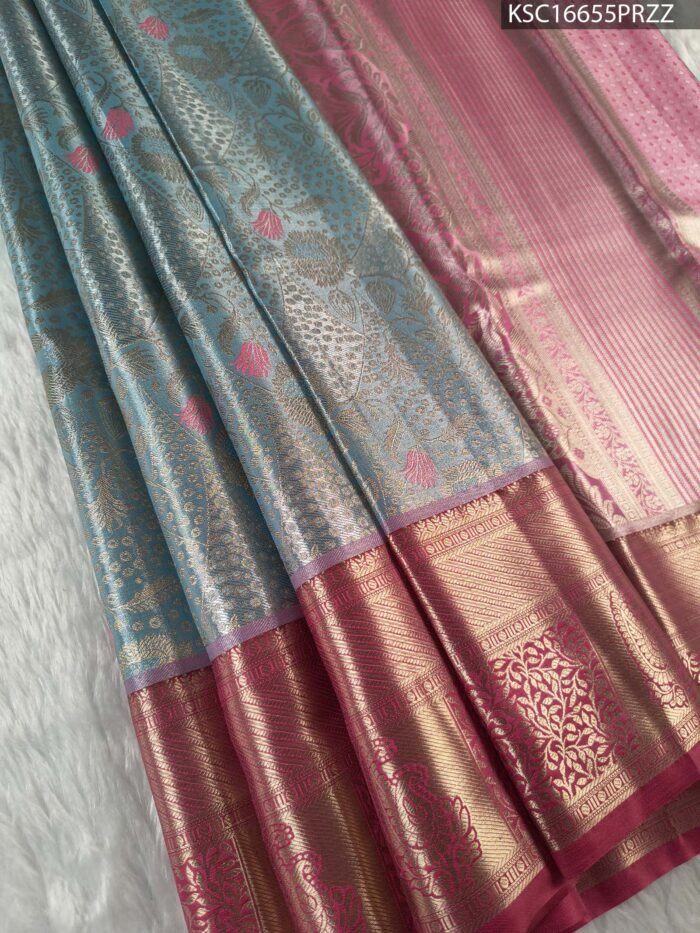 Sky Blue and Pink Tissue Silk Saree with Floral Zari Motifs and Rich Border - Image 1