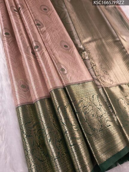 Pink Coloured Tissue Silk Saree with Peacock Motifs and Rich Zari Woven Border