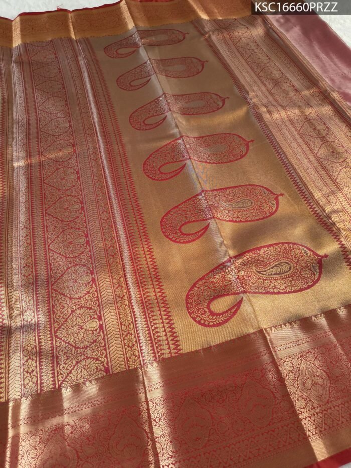Golden Coloured Tissue Saree with Intricate Motifs and Rich Zari Border - Image 3